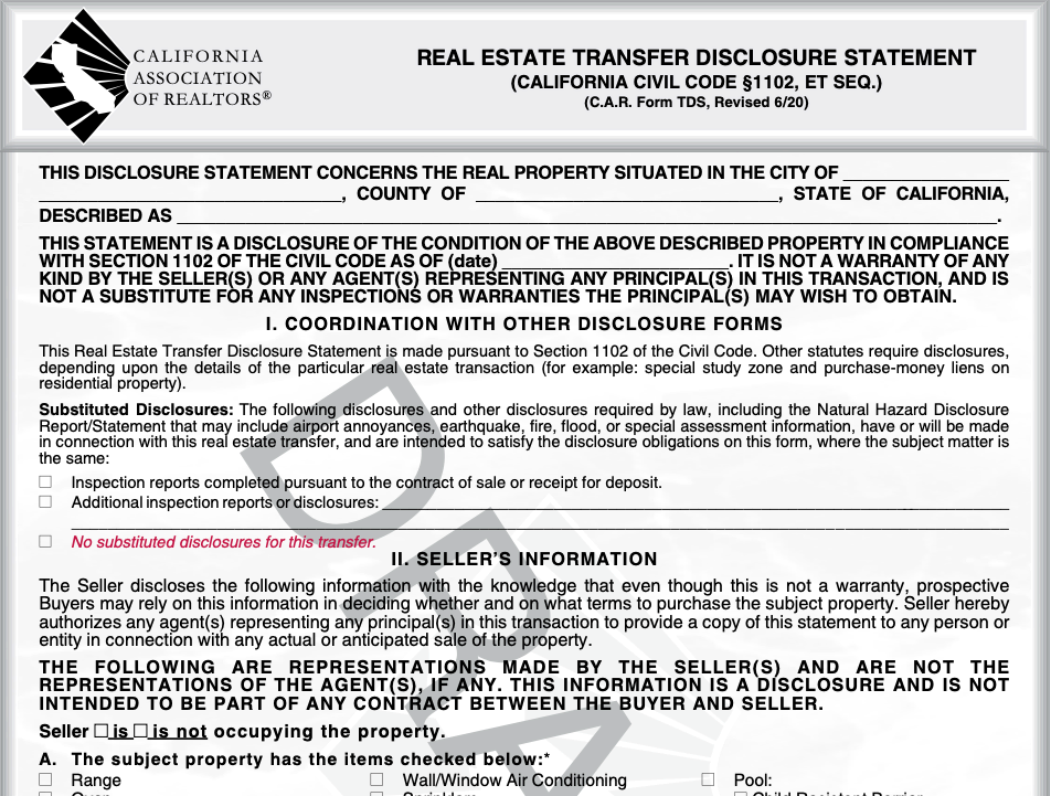 California Seller Disclosure Form Cover